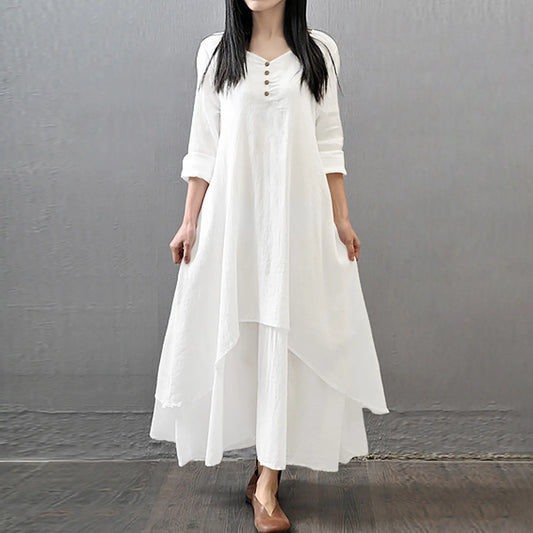 Women's Bohemian White Linen Long Sleeve Maxi Dress - DS - mode24h