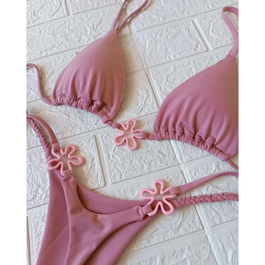2025 Halter Bikinis Women Swimsuit New Sexy Swimwear Floral Brazilian Bikini Set Micro Biquini Female Cute Solid Beachwear- DS - mode24h