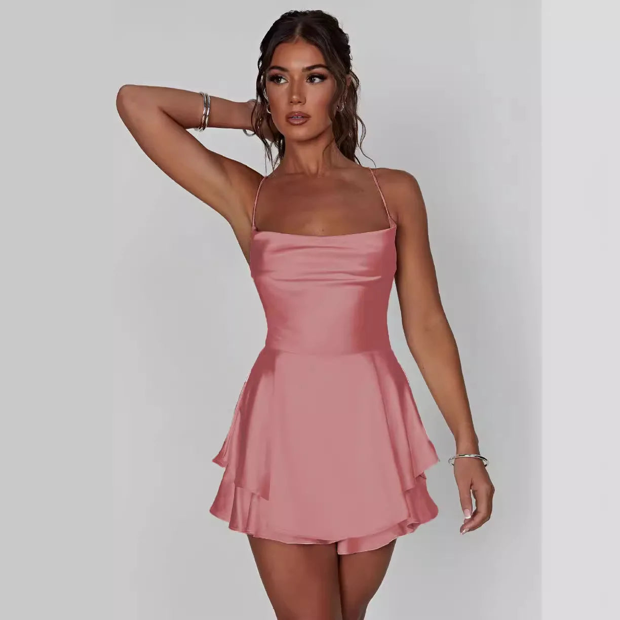 Summer Satin Backless Ruffled A-Hem Dress - mode24h