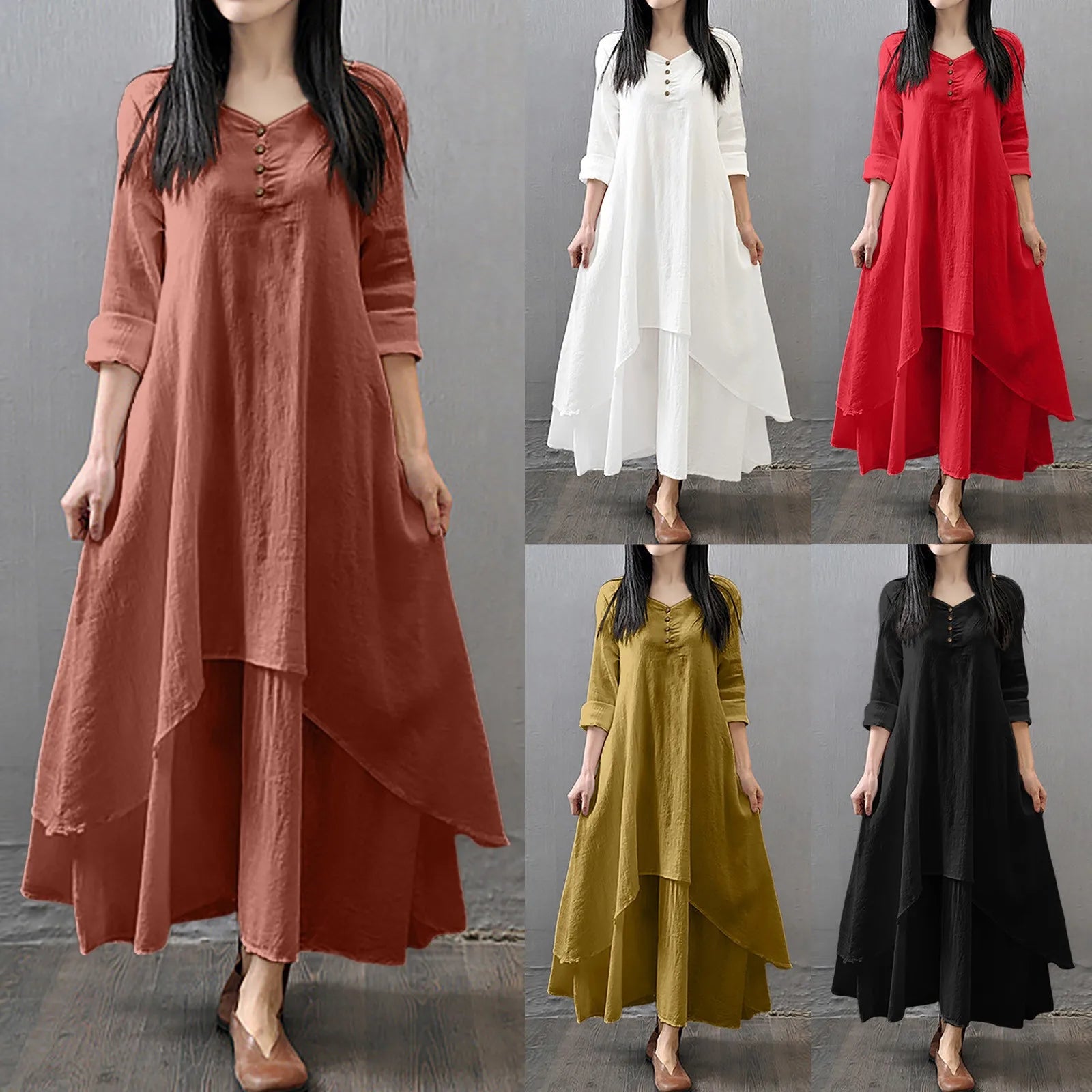 Women's Bohemian White Linen Long Sleeve Maxi Dress - DS - mode24h