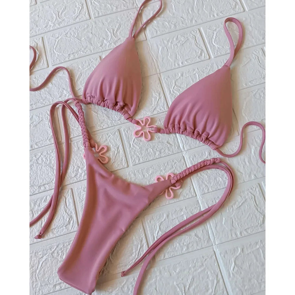 2025 Halter Bikinis Women Swimsuit New Sexy Swimwear Floral Brazilian Bikini Set Micro Biquini Female Cute Solid Beachwear- DS - mode24h