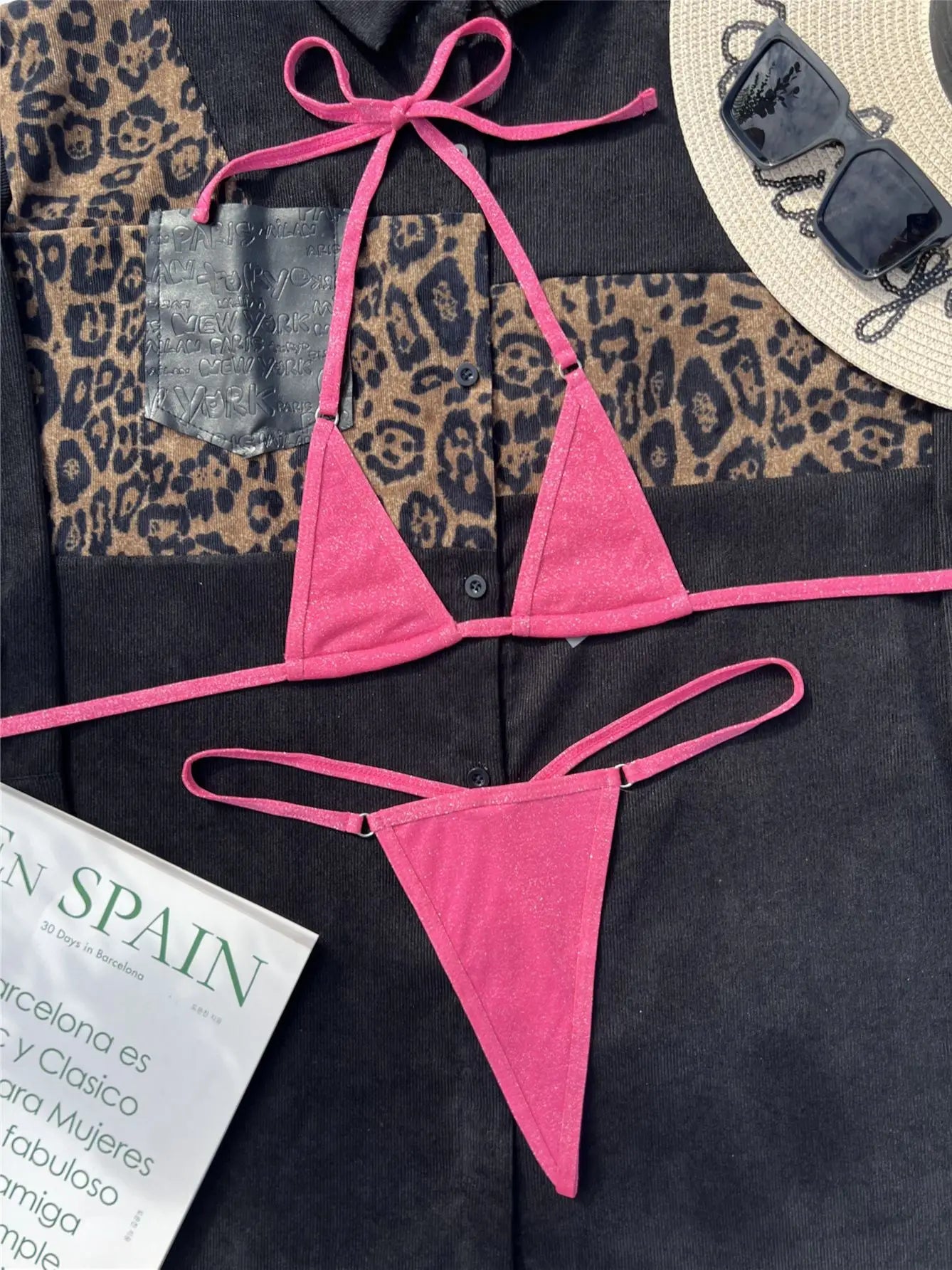 Pink Sexy Thong Bikini Swimwear for Women Backless Micro Mini Swimsuit Women's Bathing Suit- DS