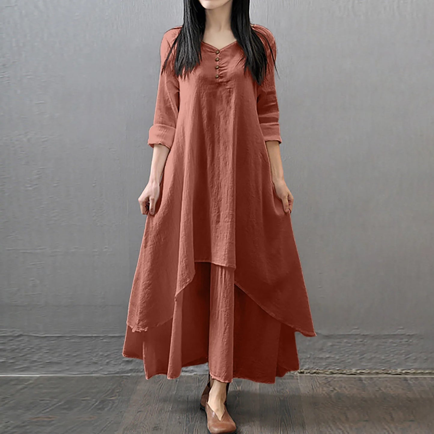 Women's Bohemian White Linen Long Sleeve Maxi Dress - DS - mode24h