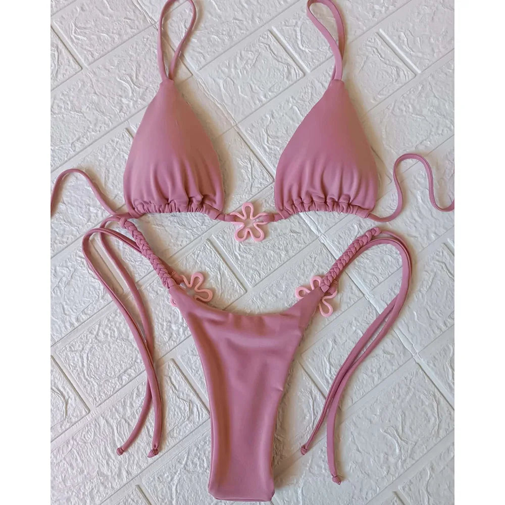 2025 Halter Bikinis Women Swimsuit New Sexy Swimwear Floral Brazilian Bikini Set Micro Biquini Female Cute Solid Beachwear- DS - mode24h