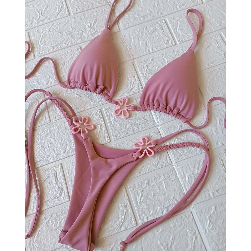 2025 Halter Bikinis Women Swimsuit New Sexy Swimwear Floral Brazilian Bikini Set Micro Biquini Female Cute Solid Beachwear- DS - mode24h