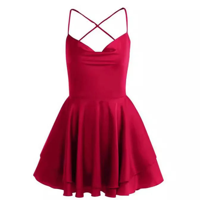 Summer Satin Backless Ruffled A-Hem Dress - mode24h