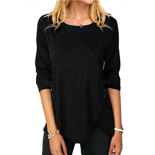 Irregular Button Hem Long Sleeved Round Neck Oversized T-shirt -CJ - mode24h