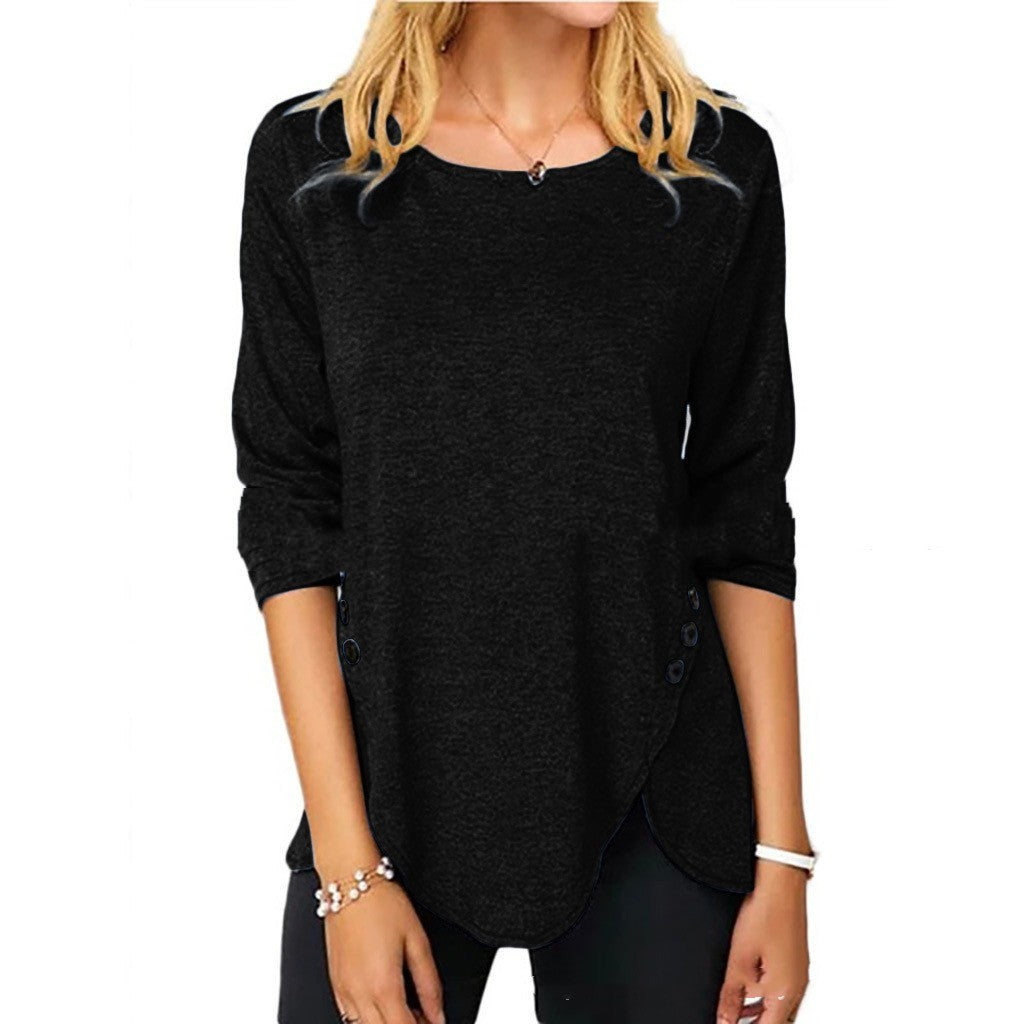 Irregular Button Hem Long Sleeved Round Neck Oversized T-shirt -CJ - mode24h