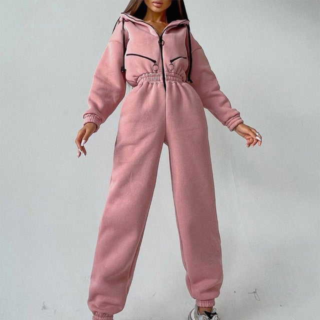 Casual Women Basic Hoodie Two Piece Sets Zipper Drawstring - CJ - mode24h