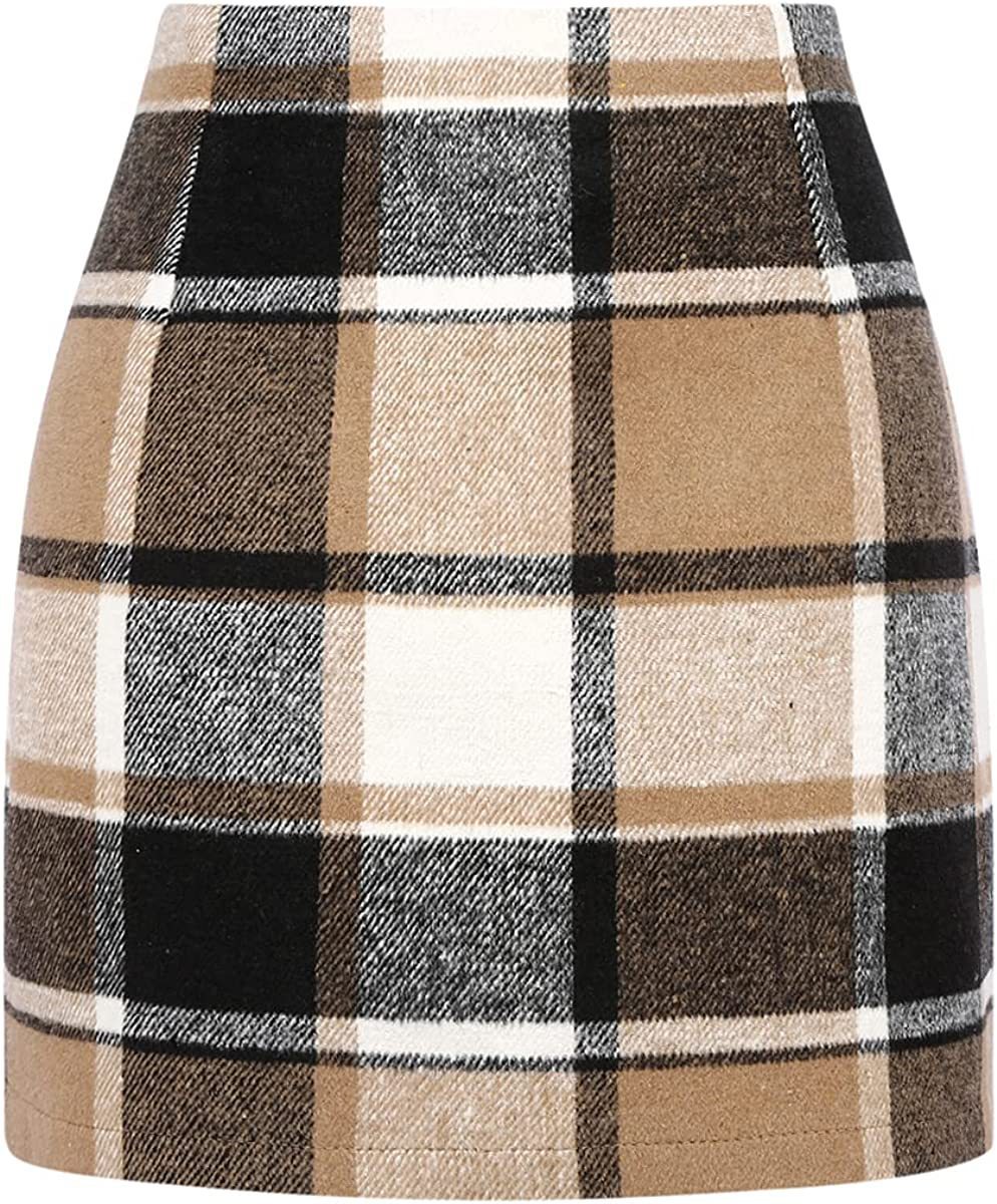 Women's High Waist Plaid Tight Pencil Wool Mini Skirt- CJ - mode24h