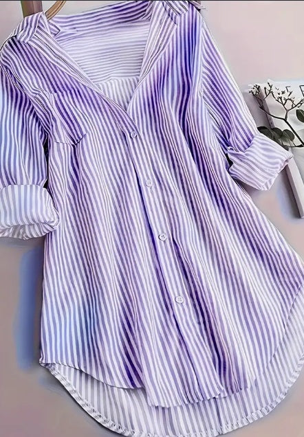 Stripe Print Button Front Blouse, Casual Long Sleeve Blouse For Spring & Fall, Women's Clothing- CJ - mode24h