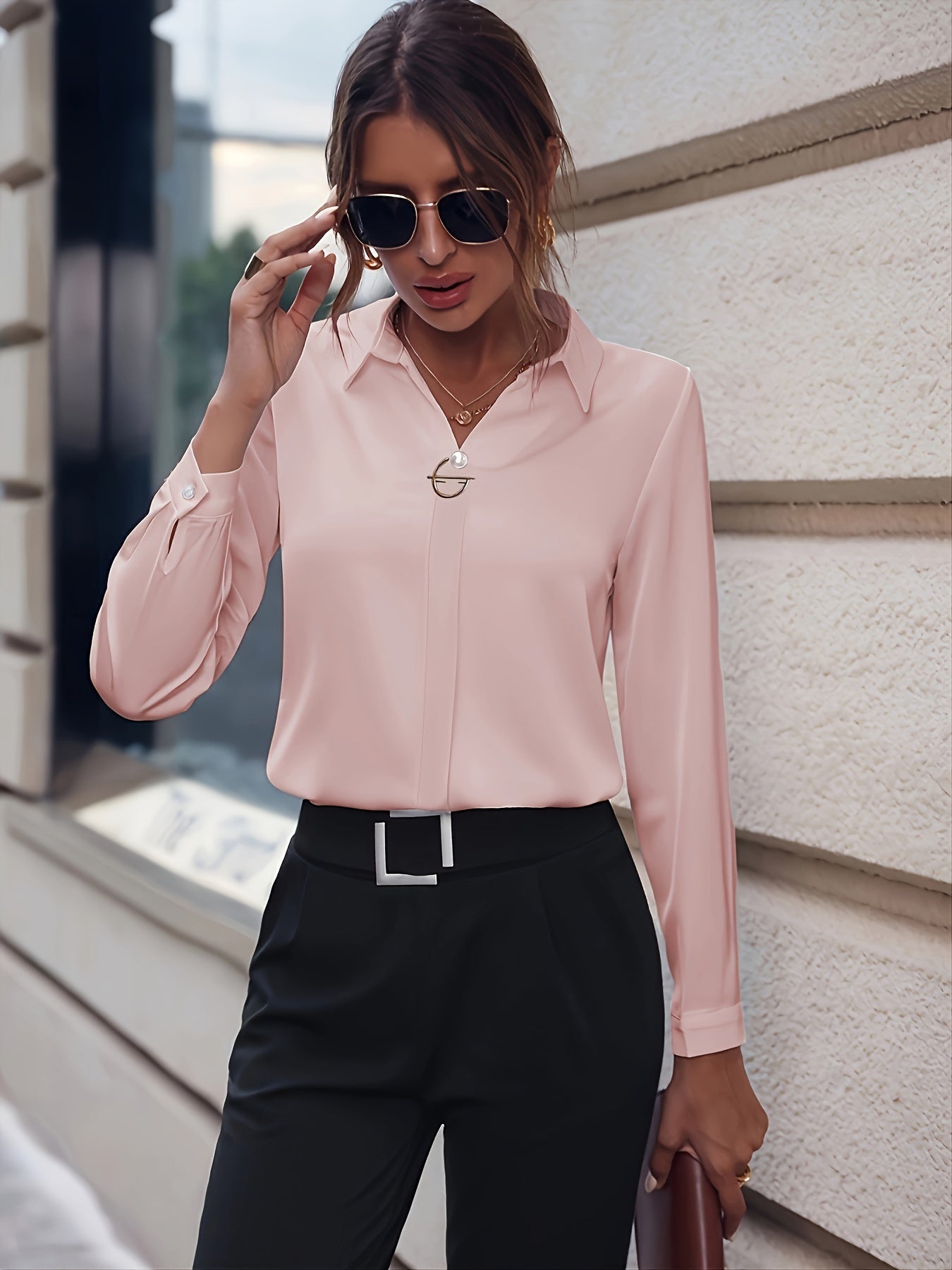 Fashionable Elegant Business Style Long Sleeve Shirt With Pearl Button- CJ - mode24h