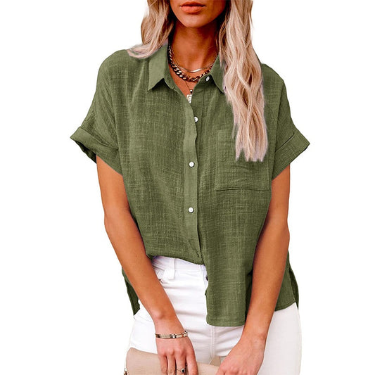 Women's Fashion Casual Cotton Linen Pocket Short-sleeved Shirt - CJ - mode24h