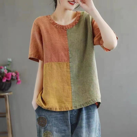 Cotton Linen Contrast Color T-shirt Artistic Design Half Sleeve Women - mode24h